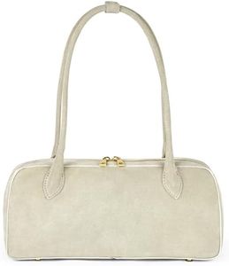 Italian Genuine Suede Shoulder Bag for Women with Long Top Handles & Zip Top | Compact Rectangular Designer Purse (Beige)