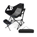 TANGZON Hammock Camping Chair with Retractable Footrest, Folding Swinging Chair Recliner with Adjustable Backrest, Headrest, Cup Holder & Carry Bag, Portable Rocking Chair, Supports 150KG (Black)