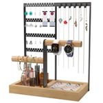 Benxdara Jewellery Stand Organiser, 4-Tier Necklace Holder Stand Display with Necklace Organizer & Earring Holes, Wooden Ring Organizer Earring Tray for Bracelets Watches Earrings Rings, Black