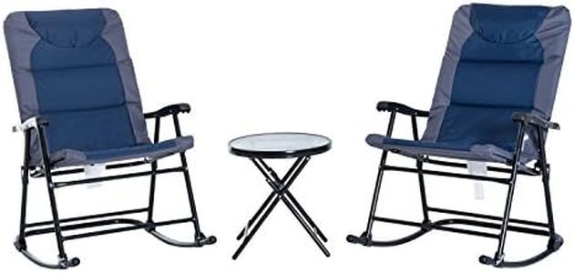 Outsunny 3 Piece Outdoor Patio Furniture Set with Glass Coffee Table & 2 Folding Padded Rocking Chairs, Bistro Style for Porch, Camping, Balcony, Navy Blue