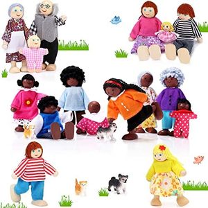 Skylety 20 Pcs Wooden Dollhouse Family Set of 16 Mini People Figures and 4 Pets, Dollhouse Dolls Wooden Doll Family Pretend Play Figures Accessories for Pretend Dollhouse Toy