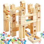 Gemscream Wooden Marble Run Include 80 Wood Building Blocks Toys and 30 Colorful Glass Marbles DIY Marble Maze Wood Marble Track Wooden Ramp Track Construction Set for STEM Learning Toys Gifts