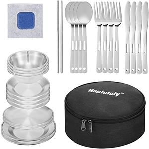 Silverware Set-Camping Mess Kit 28 Pcs Camping Accressories Stainless Steel Camping Dishes Set Dinnerware for 4 Person Utensils Tableware with Plates Bowl Cutlery Gloves Rag