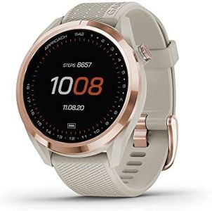 Garmin Approach S42, GPS Golf Smartwatch, Lightweight with 1.2" Touchscreen, 42k+ Preloaded Courses, Rose Gold Ceramic Bezel and Tan Silicone Band, 010-02572-12