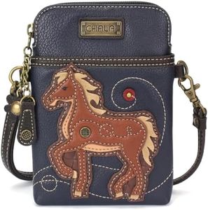 CHALA Crossbody Cell Phone Purse | Women's Multi-Color Wristlet Handbags with Adjustable Strap, Navy_ Horse Brown, 5" x 7.5" x 1"