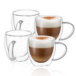 CNGLASS 8.5oz(250ml) Glass Coffee Mugs,Double Wall Insulated Glass Mugs with Handle,Clear Espresso Mugs for Latte,Cappuccino,Tea Bag,Set of 4