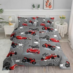 Axolotl Kid Comforter Set Full Size,Racing Car Bedding Set for Boys Girls Teen Car Racing Gifts,Race Cars Quilt Bed Set with 1 Comforter 2 Pillowcases,Red Grey