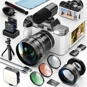 8K 64MP Digital Cameras for Photography,16X Zoom,3 Color Filters,Dual-Lens | 180°Flip Screen，WiFi,Microphone, Tripod, Wide & Macro Lens Kit,2 Batteries, 32GB TF Card,Vlogging and Travel,Beginners