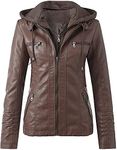 QLXYYFC Women's leather jacket with hood, zipper, motorcycle jacket, biker jacket, hooded jacket, autumn winter, elegant transitional jacket, coat (Color : Brown, Size : XL)