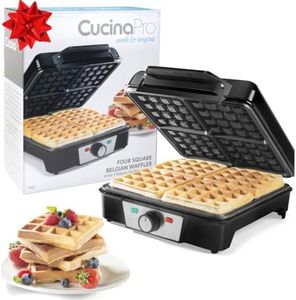 CucinaPro Four Square Belgian Waffle Maker, Extra Large Stainless Steel Kitchen Appliance with Nonstick Waffler Iron Plates, Makes 4 Fluffy Waffles, Griddle is Great for Family Breakfast or Gift