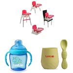 Luvlap 4 in 1 Convertible High Chair Cum Booster Seat (Pink) & LuvLap Hippo Sipper Blue & LuvLap Baby & Toddler Silicone Spoon & Training Cup Set, 100% Food Grade Silicone