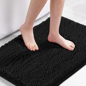 Smarcute Black Bath Mat - 50cm x 81cm Bath Rug for Bathroom Luxury Chenille Bathroom Mat Water Absorber Microfiber Shaggy Rugs Non Slip Rug Quick Dry Bath Mat Washable