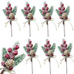 8 pcs Artificial Christmas Picks Red Berry Stems Pine Branches Holly Berries Evergreen Sprigs and Cones Spray Winter Holiday Floral Pick for Xmas Decor Wreath Garland Crafts Tree Gift Wrap