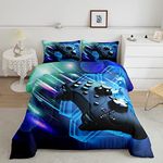 Boys Video Gaming Comforter Set Gamer Bedding Set for Kids Teens Youth Galaxy Game Controller Comforter Blue Hexagon Geometric Gamepad Decor Duvet Set with 2 Pillowcases 3Pcs Bedding Full,Reversible