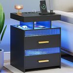 Dystler Black Nightstand with Charging Station: All in One Night Stand with Drawers Bedside Table with LED Light & Human Sensor Design Modern End Table for Bedroom Livingroom Office