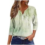 3/4 Length Sleeve Womens Tops 2024 Floral Print Vintage Fashion Casual Loose Fit Henley Shirts Button Up Blouses (X-Large,Green)