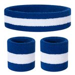 ONUPGO Kids Sweatbands Headband Wristband Set - Athletic Cotton Sweat Band for Sports (1 Headband + 2 Wristbands) (Blue/White/Blue)