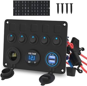 RVMARINEPAT 5 Gang Rocker Switch Panel UL Listed 12 Volt ON-Off Switch Panel Blue LED with Inline Fuse & 4.8A USB Charger Socket & Digital Voltmeter & 12V Cigarette Lighter Socket for Marine Boat Car