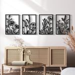 Glamativity Large 4 Pcs Black Abstract Flowers Metal Wall Art, 22.5 x 15.7'' Minimalist Floral Single Line Wall Décor, 3D Textured Sculptures, Rustic Nature Wall Art Décor for Living Room, Bedroom, Study