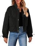 MEROKEETY Women's Cropped Zip-Up Bomber Jackets Warm Quilted Long Sleeve Stand Neck Winter Coats, Black, S