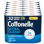 Cottonelle Ultra Clean Toilet Paper with Active CleaningRipples Texture,Strong Bath Tissue, 32 Family Mega Rolls (32 Family Mega Rolls = 176Regular Rolls) (8 Packs of 4), 353 Sheets per Roll