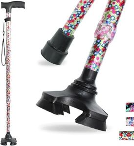 BeGrit Quad Cane for Women, Adjustable Walking Stick with 4-Prong Stabilising Base & Replacement Tip, Ergonomic Handle, Self Standing Floral Walking Cane