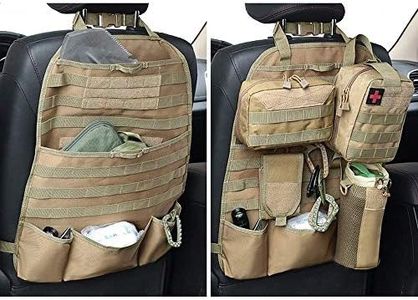 wrumava Car Seat Back Organizer, Tactical Molle Nylon Vehicle Panel Universal Fit Car Backseat Cover Protector (Olny Tan molle seat organizer)