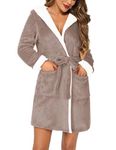 Hotouch Plush Robe for Women Short Soft Hooded Fluffy Robe Long Sleeve Knee Length Sherpa Robes Khaki S