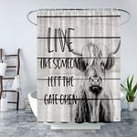 Portrait of Highland Cow Shower Curtain Motivational Inspirational Funny Quote Live Like Someone Left The Gate Open Rustic Wooden Farmhouse Vintage Creative Fabric Bath Curtain 70x70 in with Hook