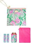 Lilly Pulitzer Water Resistant Vinyl Beach Day Pouch, Zipper Bag Includes Drink Hugger, Small Pouch, and Towel Clips, Coming in Hot