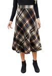 HERBATOMIA Midi Plaid A-line Skirt Long High Elastic Waist Winter Flare Skirts for Women with Pocket Brown-White