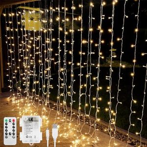 Lighting EVER Christmas Curtain Lights Battery Operated & USB Plug in, Remote, 10 x 10 ft Hanging Fairy Lights for Bedroom Wall, 300 LED Indoor Outdoor Backdrop Lights for Wedding Party, Patio Gazebo