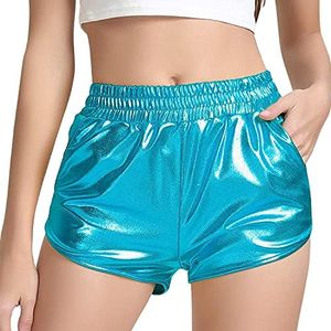 MAKARTHY Women's Yoga Hot Shorts, Shiny Metallic Pants with Elastic Drawstring (Medium, Lake Blue)