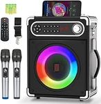 Karaoke Machine with 2 Wireless Microphones, Bluetooth 5.1 Karaoke Speaker Bass/Treble Adjustment, PA System with Remote Control, LED Lights Supports TF Card, AUX, TWS, FM, REC for Party/Adults/Kids