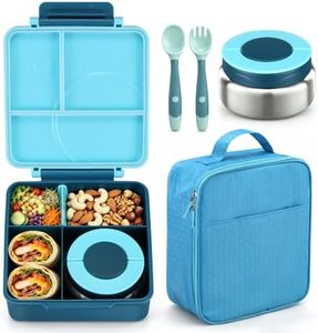 Bento Lunch Box Set for Kids with 8oz Soup Thermo, Leak-Proof Lunch Containers with 4 Compartment, Kids Thermo Hot Food Jar and Insulated Lunch Bag for Kid to School-Blue