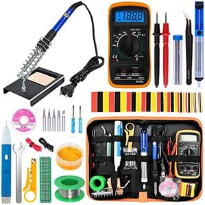 Soldering Iron Kit,Soldering Iron 60W Adjustable Temperature, Digital Multimeter, 5pcs Soldering Tips, Solder Wire, Stand, Desoldering Pump, Solder Wick, Tweezers, Solder Kit Welding Tool