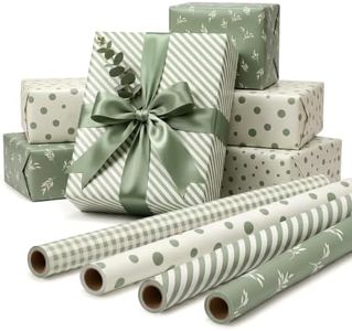 woric Sage Green Wrapping Paper Rolls Green Gift Wrapping Paper with Stripe Polka Dot Check Beige Leaves Design for Wedding Birthday Baby Shower - 4 Rolls - 17 in x 120 in(10ft) Per Roll