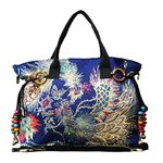 Women Canvas Shoulder Hand Bag - Ethnic Sequins Phoenix Embroidery Handbag Stylish Tote Bags Casual Cross-body Bag with Decorative Pendants