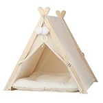 aleawol Thickened Pine Cat Teepee Tent Dog Teepee Tent Bed Pets Teepee 63x60x55cm, Removable and Washable Cat Teepee Bed Indoor Pet Play House with Large Thick Cushion, Easy Assemble (Beige)