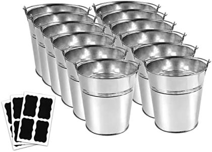 12 Metal Buckets with Chalkboard Stickers, Small Galvanized Pail for Party and Wedding, 5 Inch Tin Buckets, Garden Planters, (tie tong)