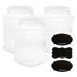 Cornucopia Brands 3-Pack Square 64 Oz 1/2 Gallon Plastic Canisters; 8-Cup Capacity Clear Jars w/White Plastic Lids & Chalk Labels, BPA-Free Lightweight PET #1 Plastic