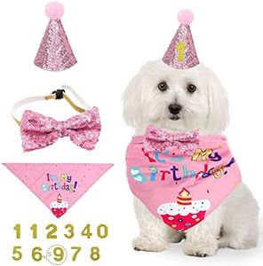 NITAIUN 4 Pezzi Cane Compleanno Bandana Cappello Papillon Set, Cappello Compleanno per Animali Domestici Cappello Festa Cane Gatto Pet Supplies Festa di Compleanno Decorazioni (Rosa)