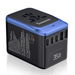 SAUNORCH Universal Travel Adapter, PD 35W 7 in 1 International Power Plug Adapter with 7.0A 4 USB-C and 2 USB-A Fast Wall Charger, Worldwide AC Outlet for US Europe UK AUS (Black+Blue)