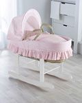 ELEGANT BABY Classic Pink Broderie Anglaise Palm Moses Basket with Deluxe White Rocking Stand, Adjustable Hood, Fibre Mattress & Padded Liner