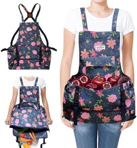JLDTOP Garden Harvest Apron for Women, Fruit Picking Apron with Quick Release Bottom, Adjustable Cross Back Tool Apron with Pockets, Gardening Gift for Plant Lovers & Gardeners (Blue Floral)