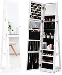 YITAHOME 360°Rotating Jewelry Armoire, Lockable Jewelry Cabinet with Full Length Mirror, Large Capacity Floor Standing Jewelry Organizer with Rear Storage Shelves for Bedroom, Cloakroom, White