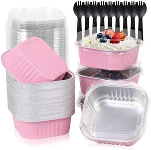 FORBFAN 150 Pcs Square Mini Cake Pans with Lids, 10 OZ Individual Mini Loaf Pans, 4.4x4.4 Pink Aluminum Foil Cupcake Baking Cups