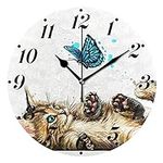 Hupery Cat Play with Butterfly Wall Clock Silent Non Ticking Round Wall Hanging Clock Battery Operated Black Hands Decorative Wall Clocks for Bedroom Living Room Kitchen Office School