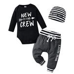 Newborn Baby Boy Clothes Infant Long Sleeve Romper New to The Crew Tops + Striped Elements Hat and Pants 3pcs Outfits Sets (3-6 Months) Black and Deep Grey