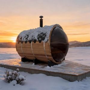 4-7 Person Outdoor Barrel Sauna, Cedar, Wood-Fired Stove, Panoramic Dome